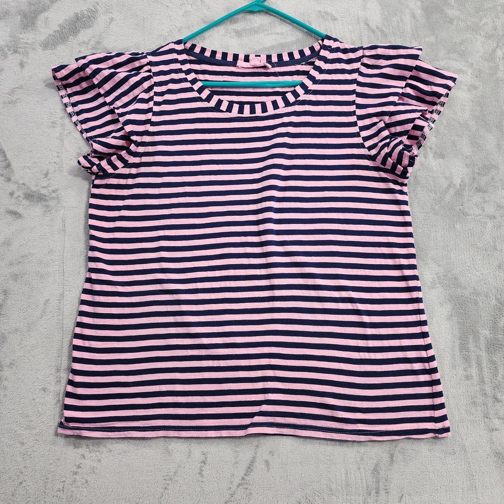 Jane + Delancey Top Womens L Pink Navy Blue Stripes Flutter Sleeve Crew Neck Tee